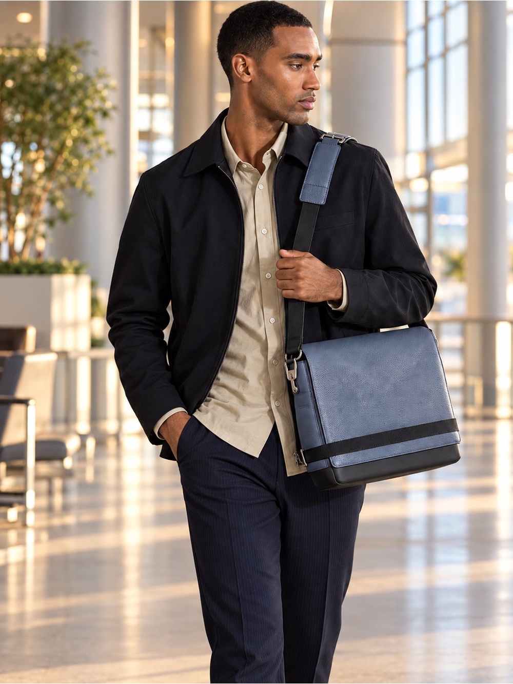 NWT Moleskine Classic Leather Slim Messenger Bag Steel Blue